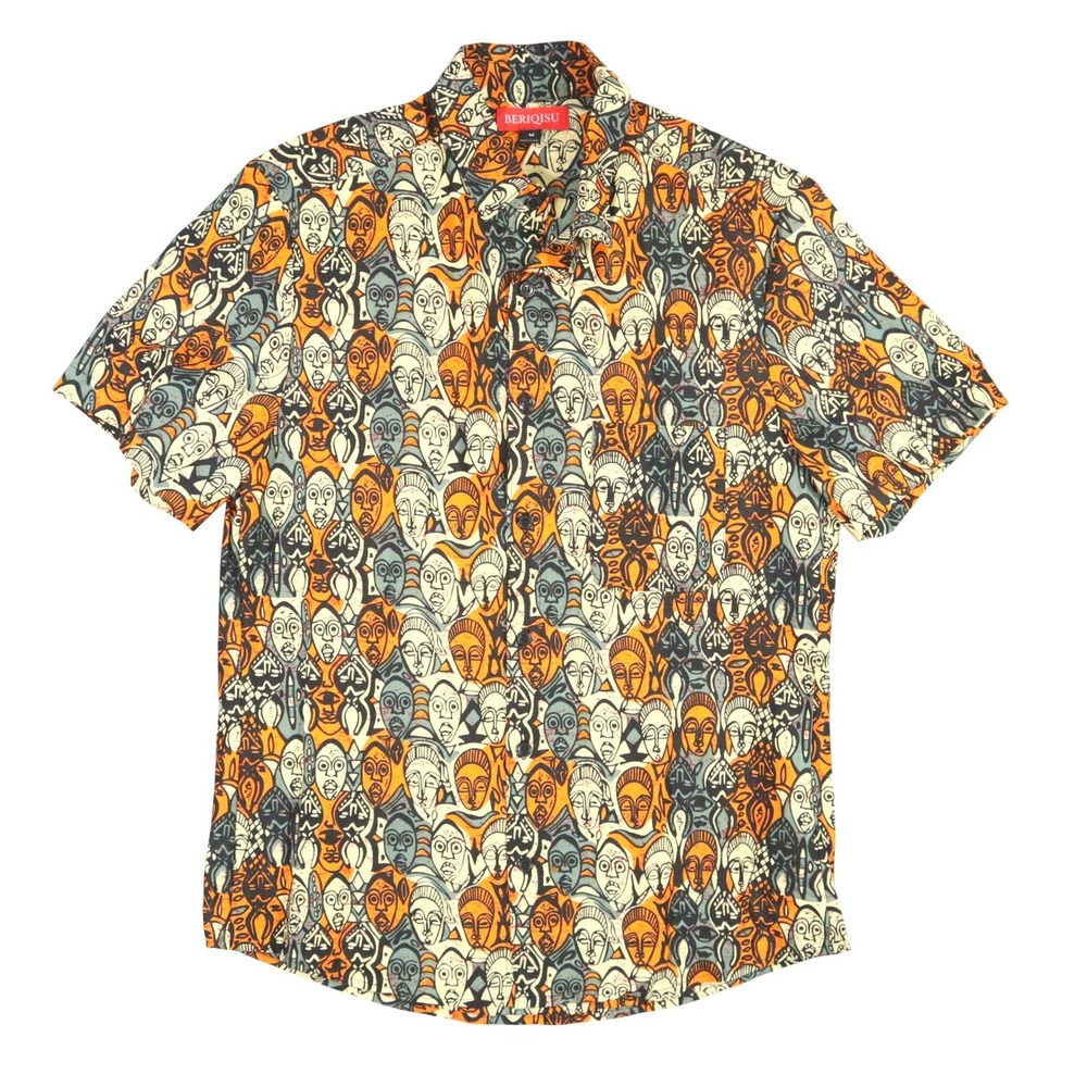 Beriqisu African Mask Print Shirt Mens M Orange Grey Graphic Cotton Summer USA‎